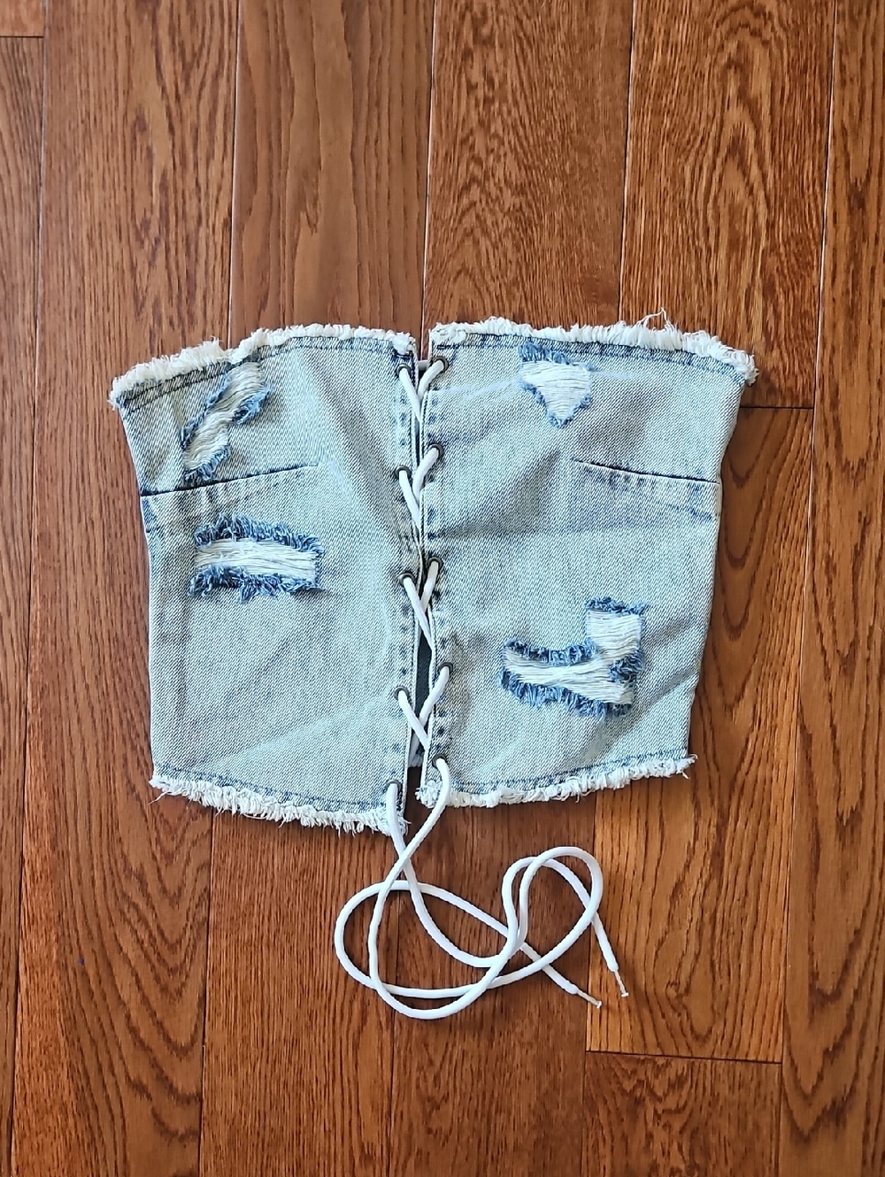 PrettyLittleThing Light Blue Denim Strapless Lace-Up Top